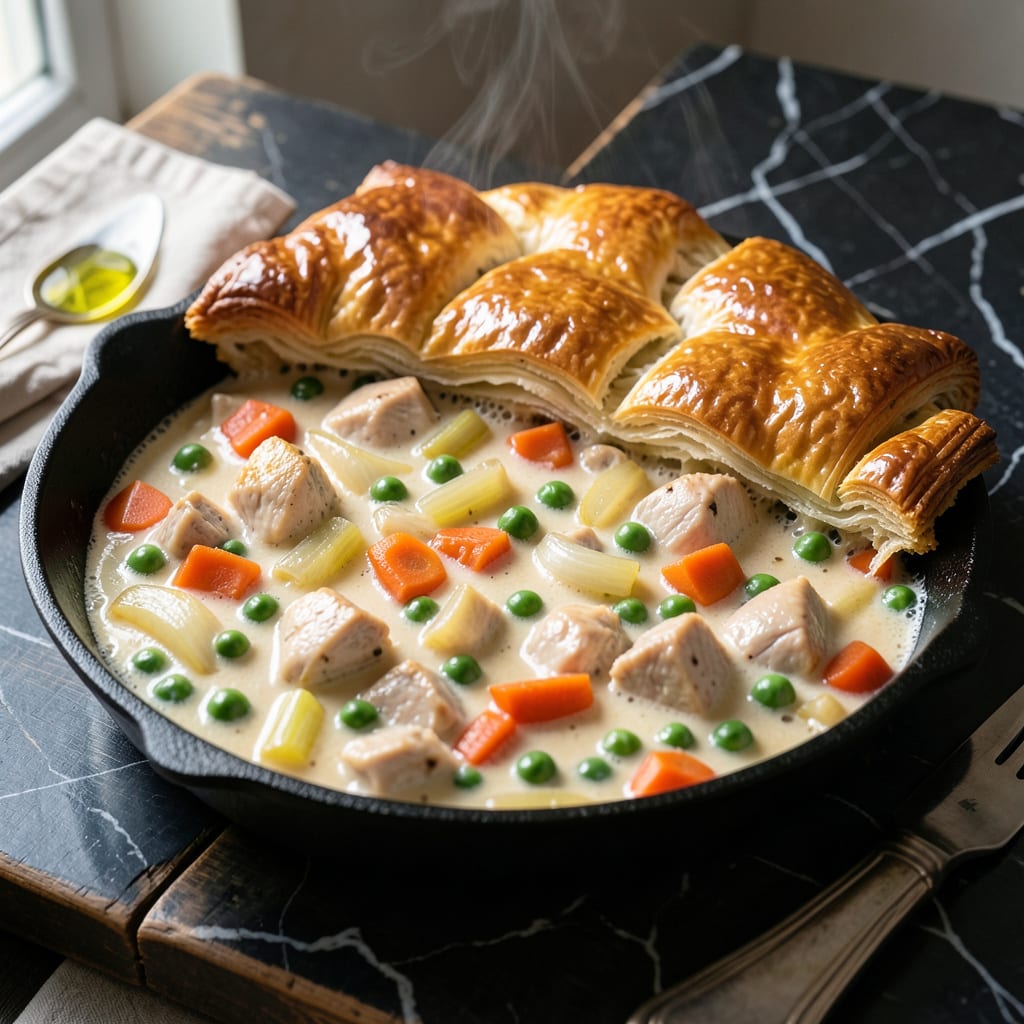 Visual representation of one pan chicken pot pie recipe