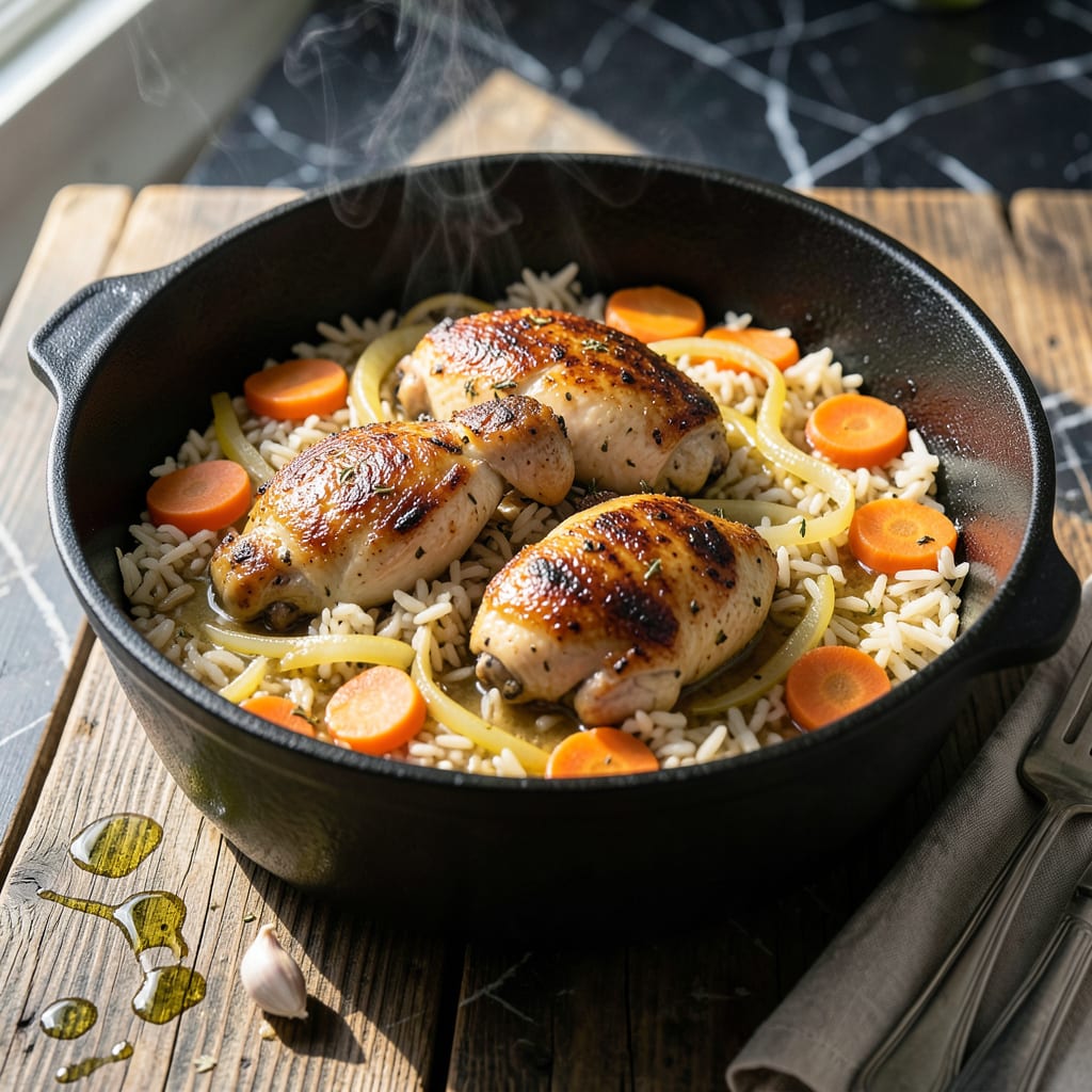 one pot chicken thigh and rice recipe illustration with key details