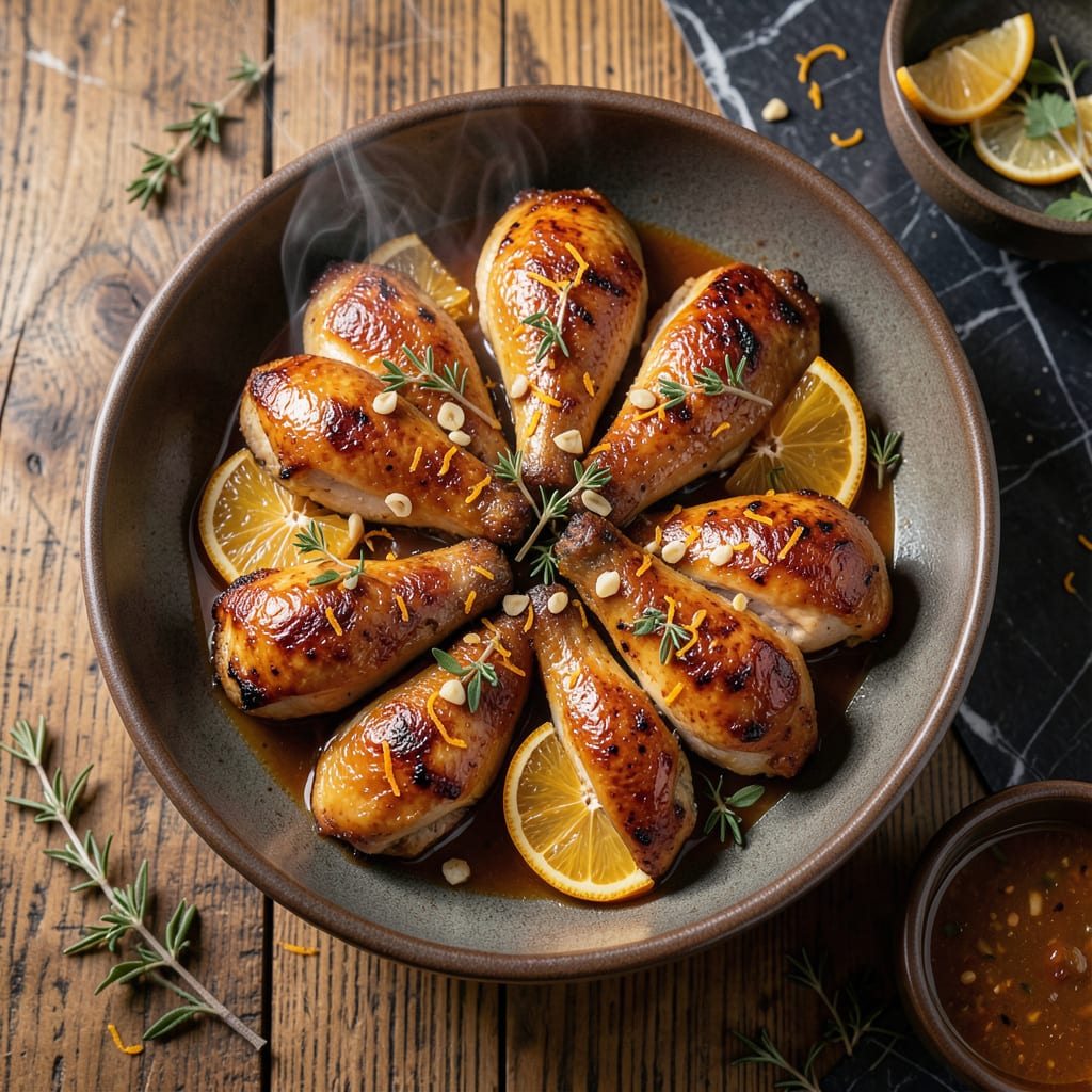 roasted orange chicken recipe illustration with key details