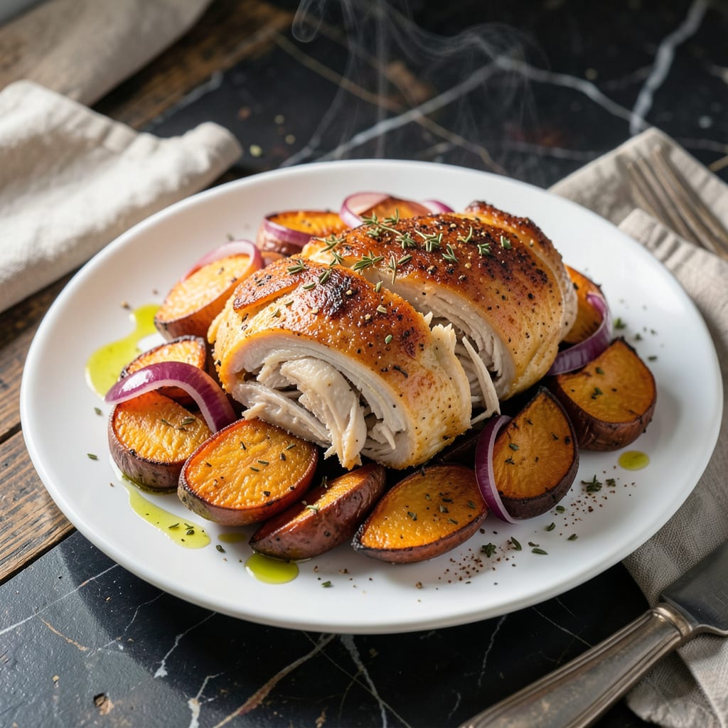 Complete rotisserie chicken sweet potato recipe overview image