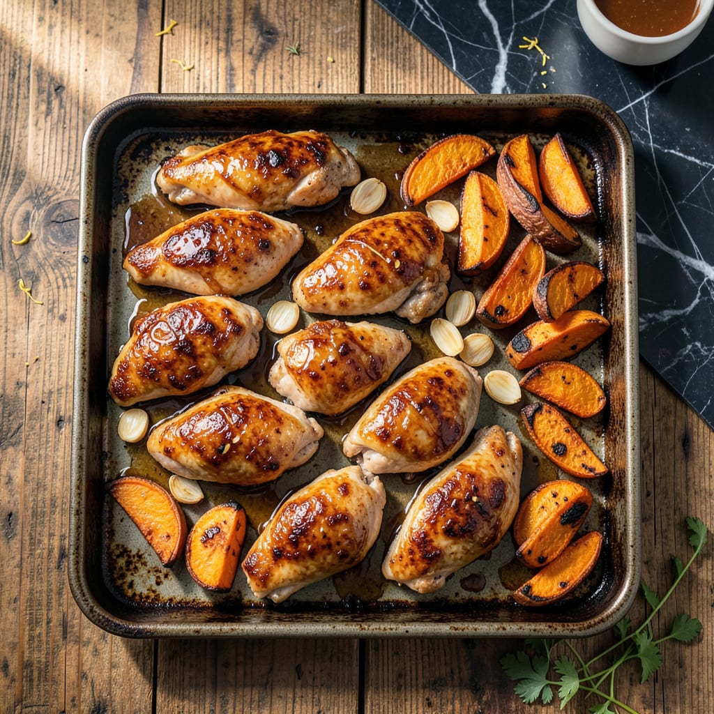 sheet pan miso chicken and sweet potatoes recipe detailed visual guide