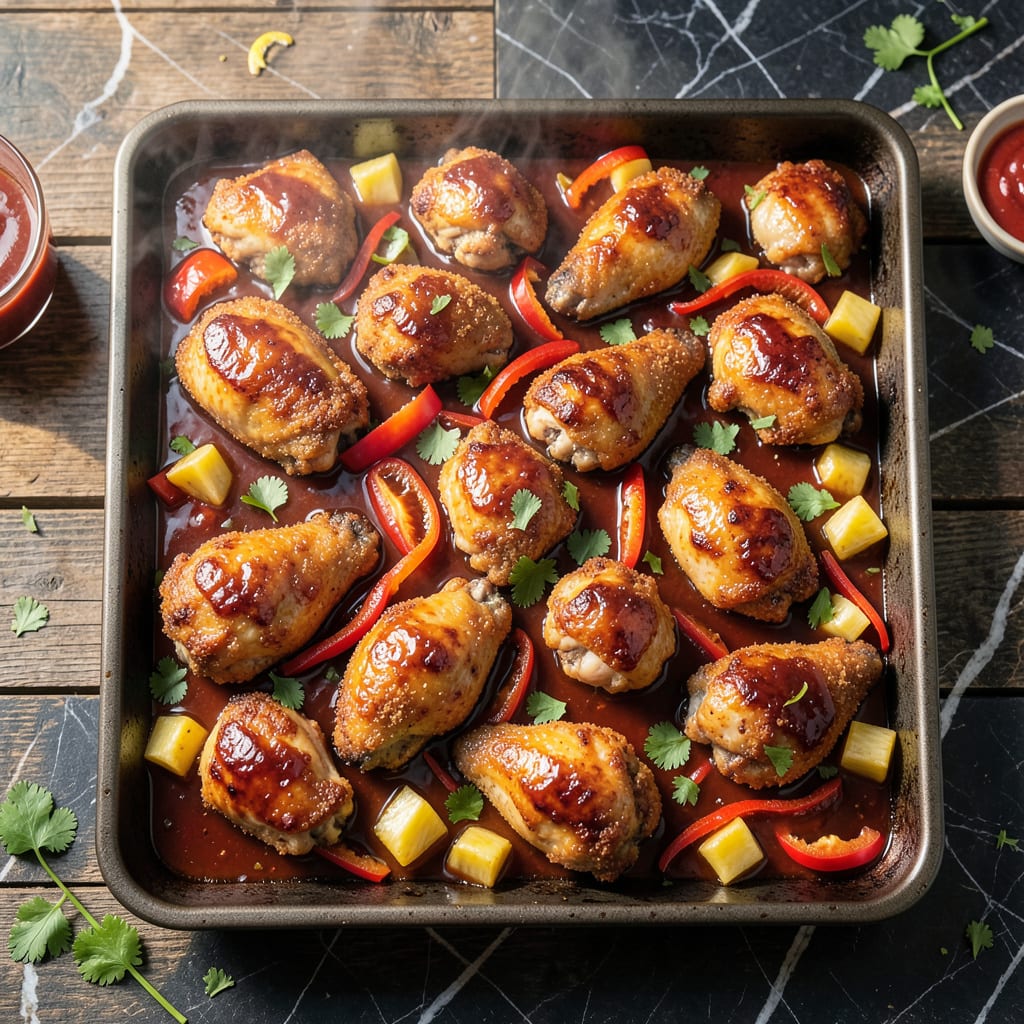 sheet pan sweet and sour chicken recipe example with annotations