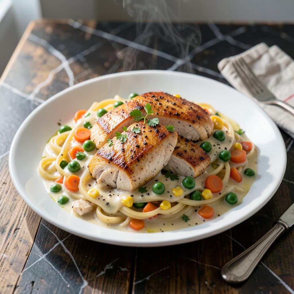 slow cooker chicken pot pie pasta recipe example with annotations