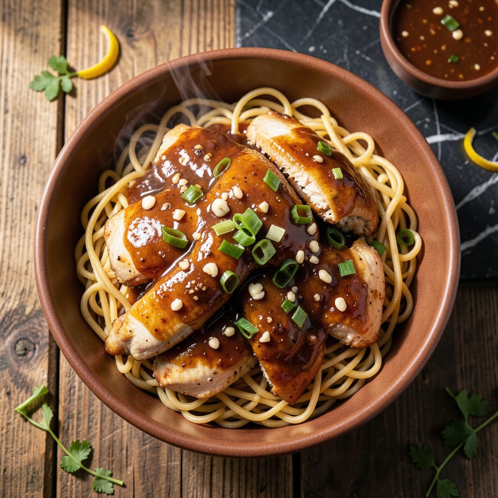 slow cooker honey garlic chicken noodles recipe example with annotations