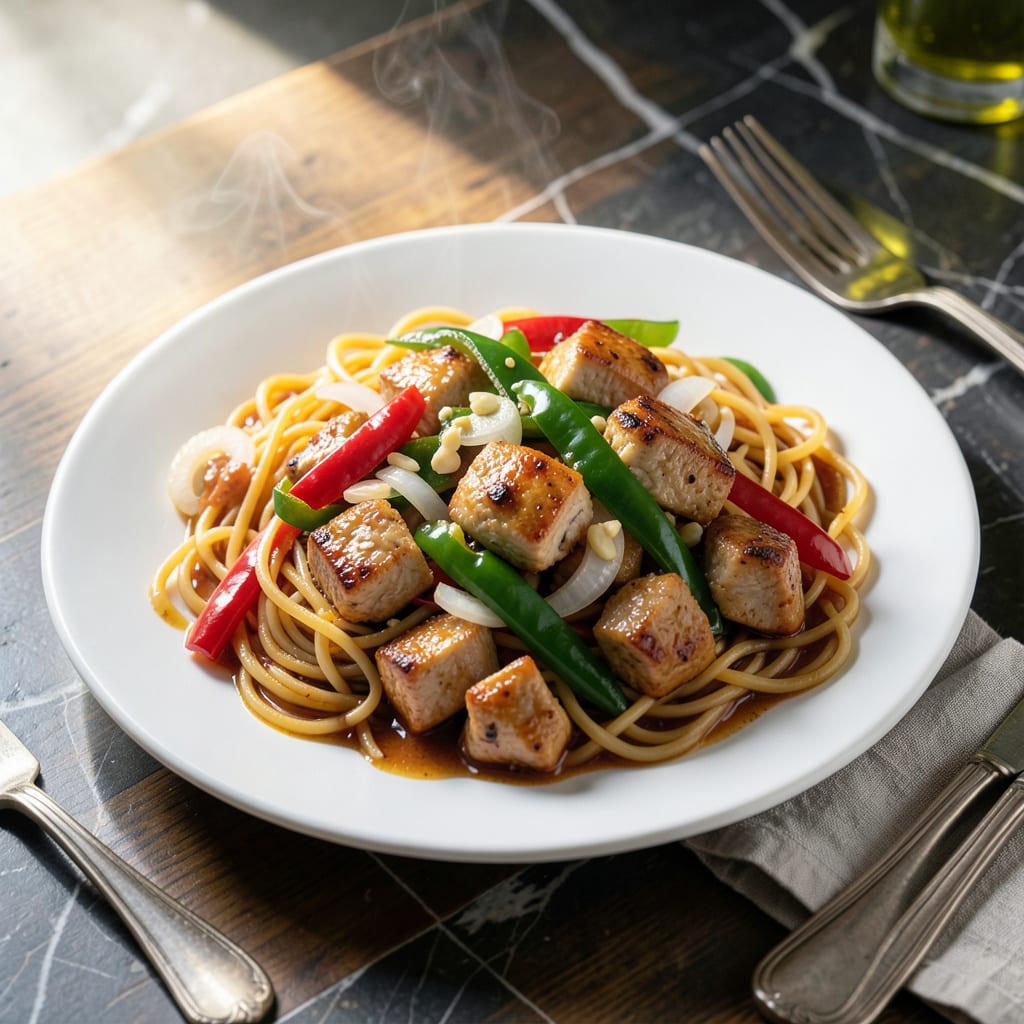 sweet and sour chicken noodles recipe example with annotations