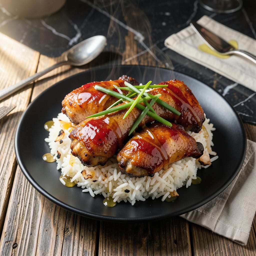 Complete sweet chilli chicken thighs recipe overview image