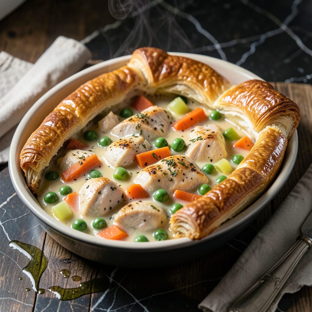 tasty chicken pot pie recipe illustration with key details